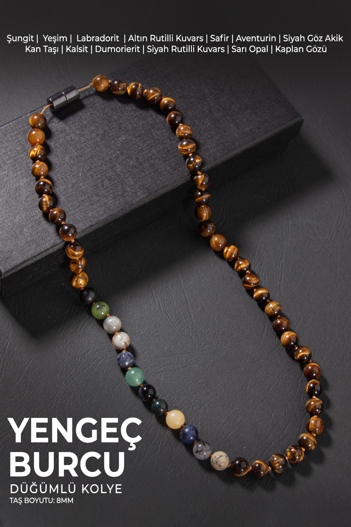 Yengeç Burcu Düğümlü Kolye Sertifikalı Doğal Taşlı (Şungit, Safir, Opal, Kuvars, Kaplan Gözü)