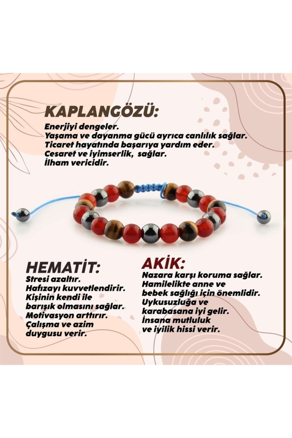 Sertifikalı Kaplan Gözü - Hematit - Akik Doğal Taşı Bileklik - 8 Mm