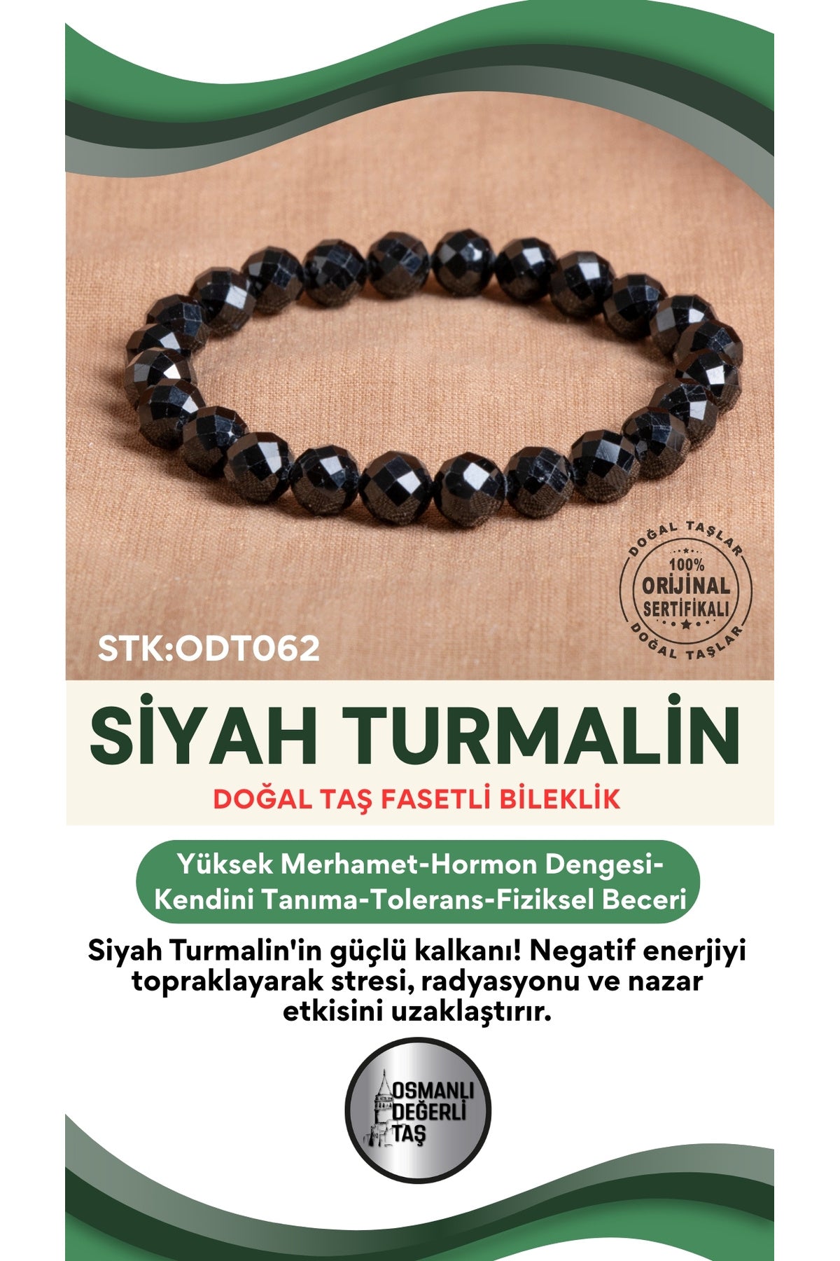 Sertifikalı Siyah Turmalin Doğal Taş Fasetli Bileklik ODT062