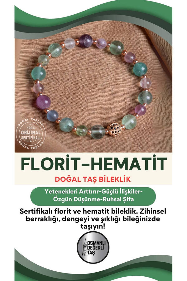 SERTİFİKALI Florit-Hematit Doğal Taş Bileklik 6-8 mm