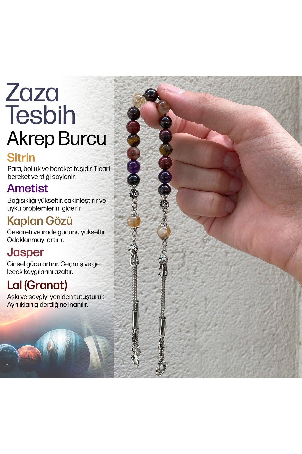 Akrep Burcu Zaza Tesbih Doğal Taş Ametist, Kaplan Gözü, Lal, Sitrin, Jasper