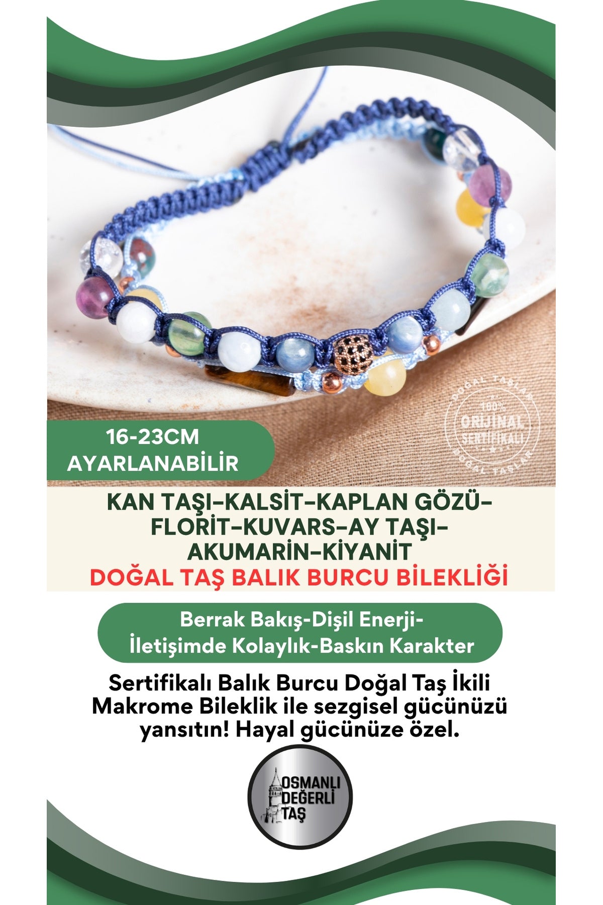 SERTİFİKALI Balık Burcu Doğal Taş İkili Makrome Bileklik