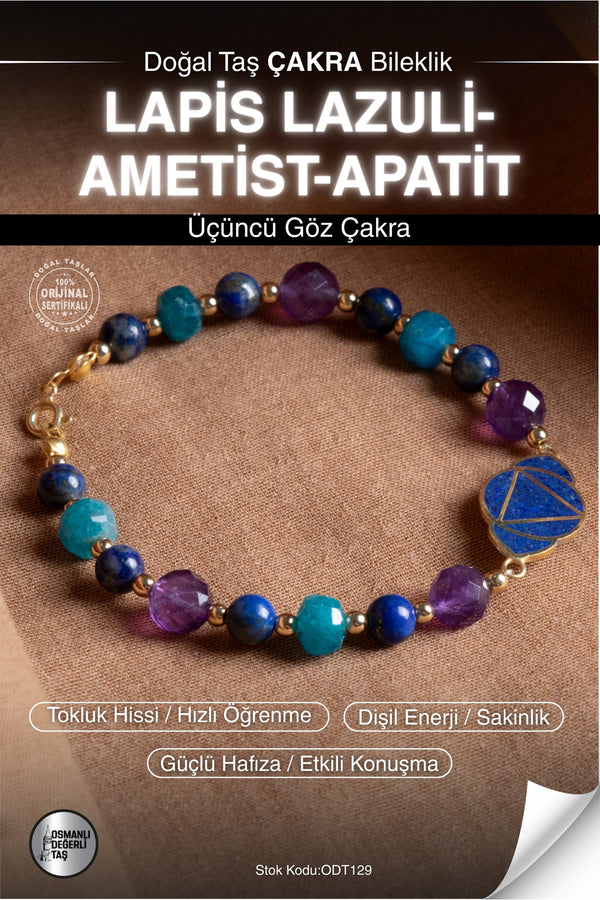 Sertifikalı LAPİS LAZULİ-AMETİST-APATİT Doğal Taş Altın Kaplama Üçüncü Göz Çakra Bileklik ODT129