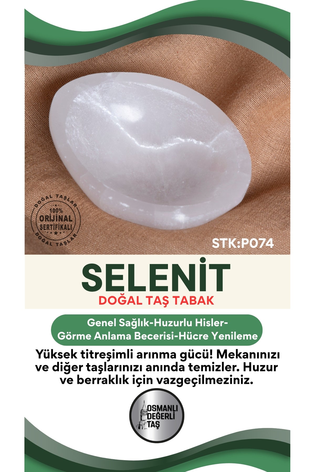 Sertifikalı Selenit Doğal Taş Elips Tabak No:2 P074