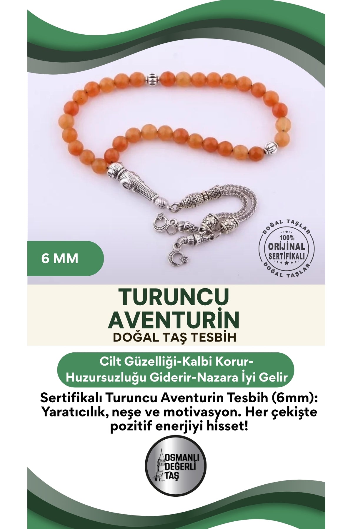 Sertifikalı Turuncu Aventurin Doğaltaş Tesbih 6 Mm, T196