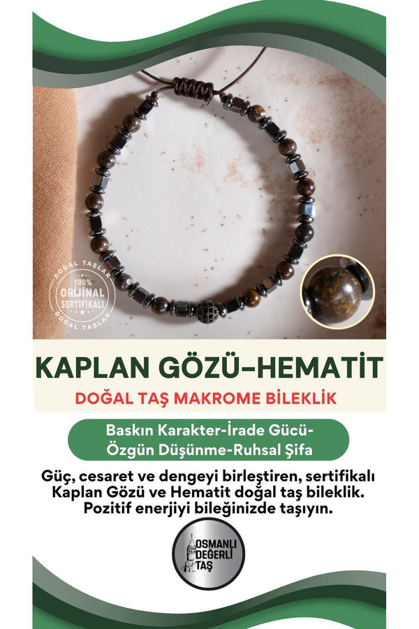SERTİFİKALI Kaplan Gözü-Hematit Doğal Taş Makrome Ayarlanabilir Bileklik
