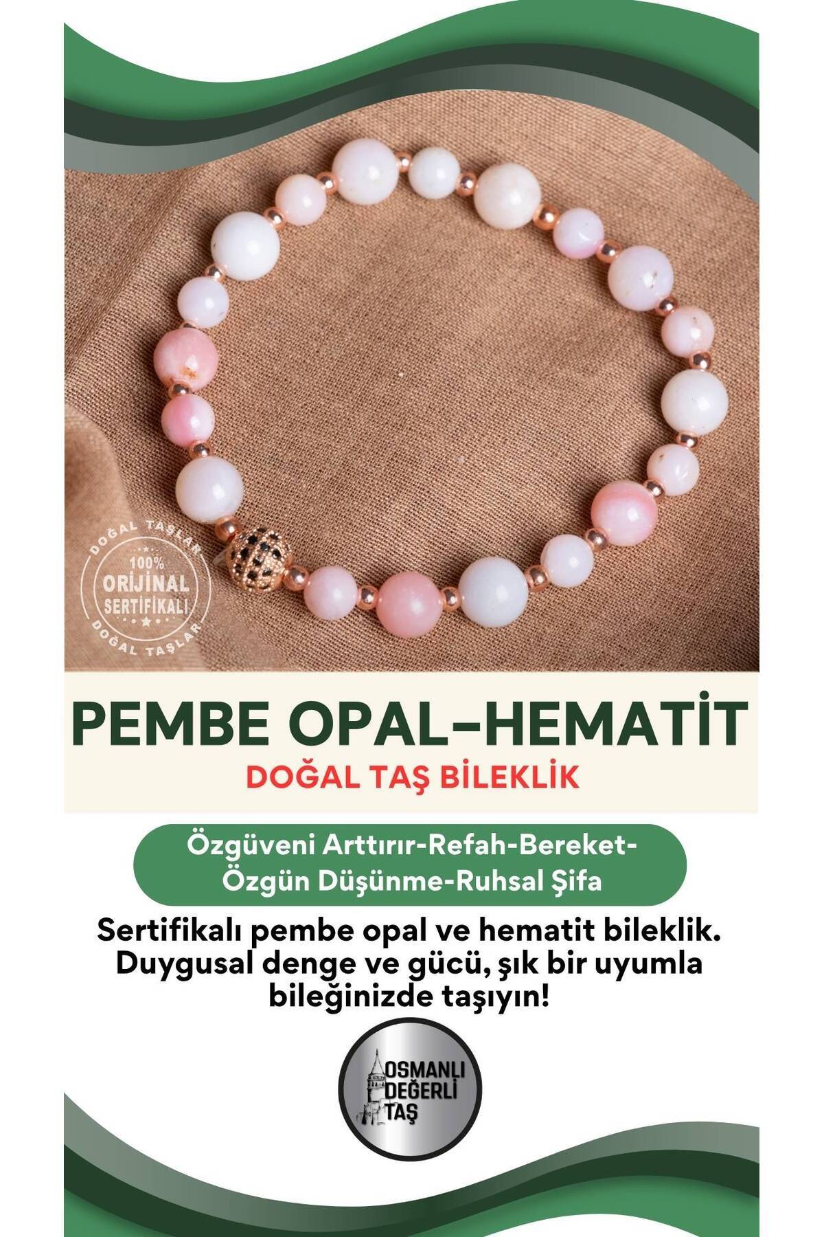 SERTİFİKALI Pembe Opal-Hematit Doğal Taş Bileklik 6-8 mm