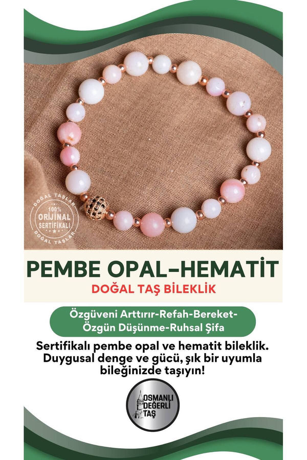 SERTİFİKALI Pembe Opal-Hematit Doğal Taş Bileklik 6-8 mm