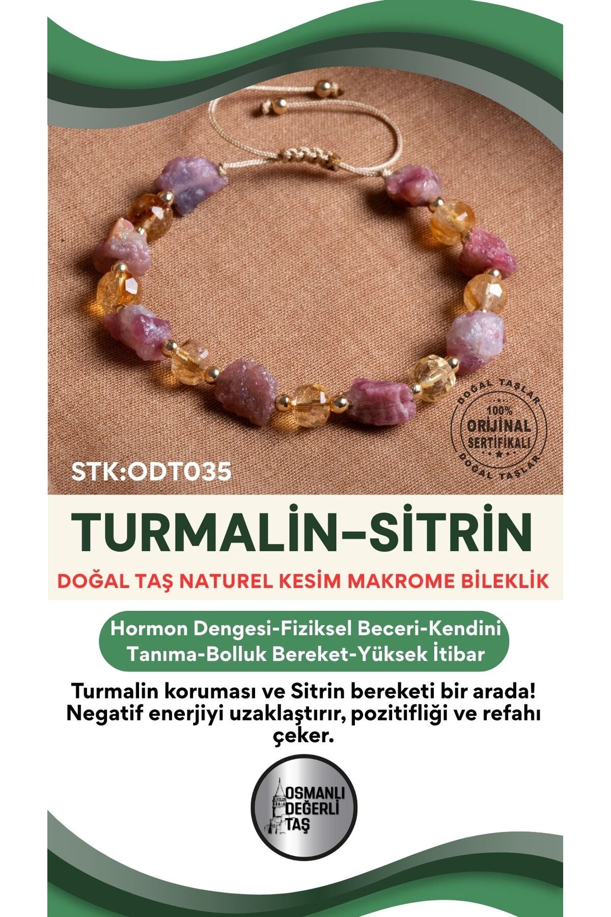 Sertifikalı Turmalin-Sitrin Doğal Taş Makrome Bileklik ODT035