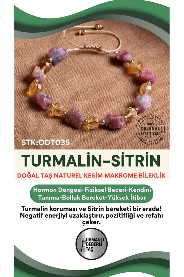 Sertifikalı Turmalin-Sitrin Doğal Taş Makrome Bileklik ODT035