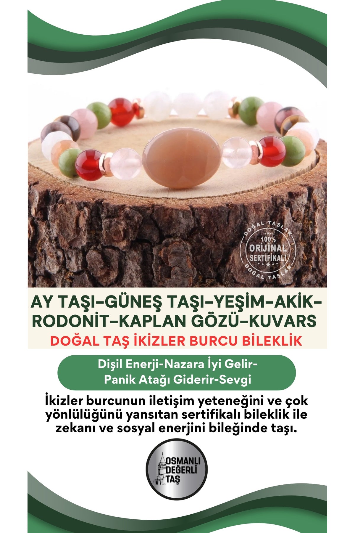 Sertifikalı İkizler Burcu Doğal Taş Bileklik Ay Taşı-güneş-yeşim-akik-rodonit-kaplan-pembe