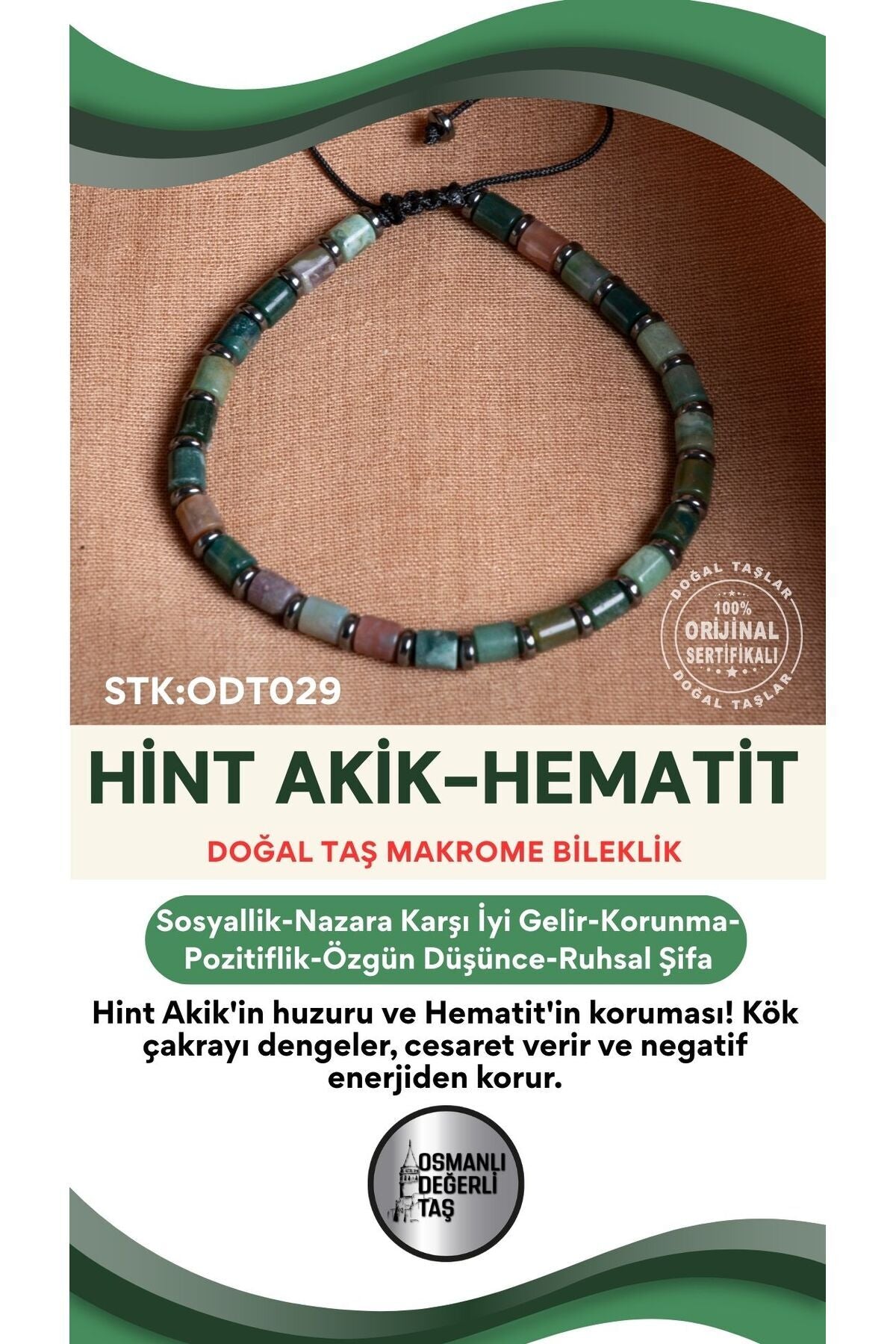 Sertifikalı Hint Akik-Hematit Doğal Taş Makrome Bileklik ODT029