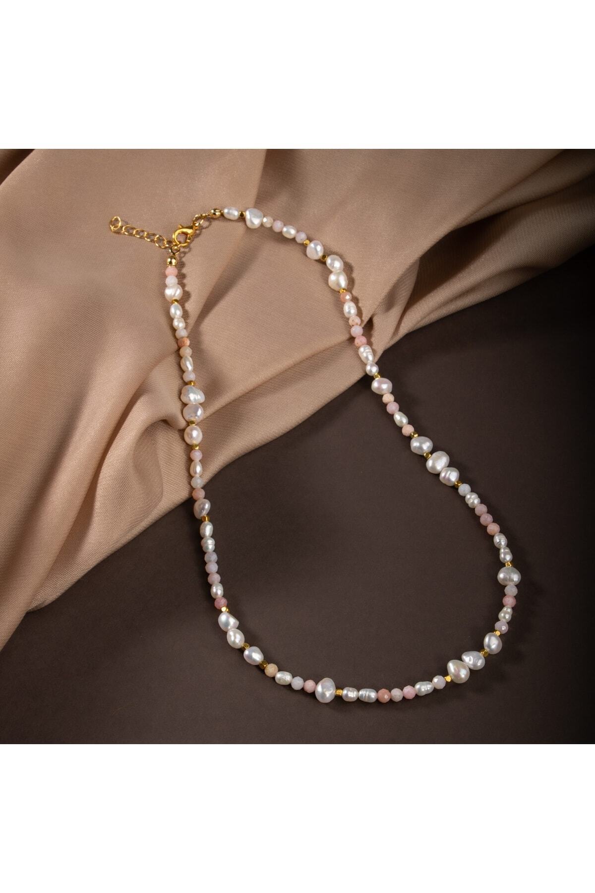 Inci-pembe Opal Doğal Taş Altın Kaplama Kapama Kolye (3cm Uzatma Ile Birlikte)