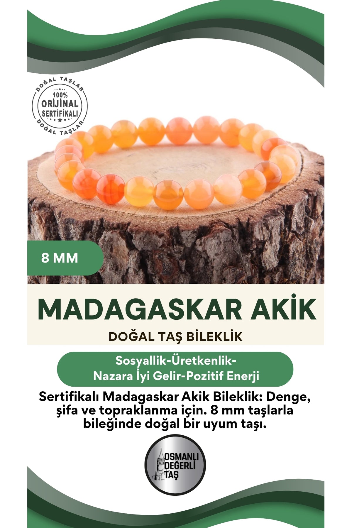 Sertifikalı Madagaskar Akik Doğal Taş Bileklik 8 Mm B148