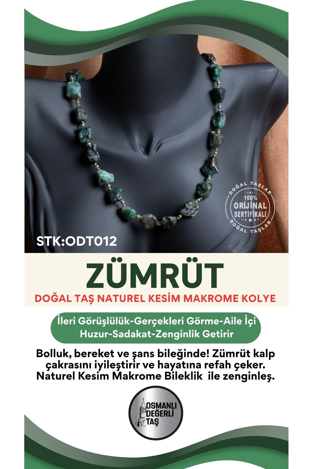 Sertifikalı Doğal Taş Zümrüt Naturel Kesim Makrome Kolye ODT012