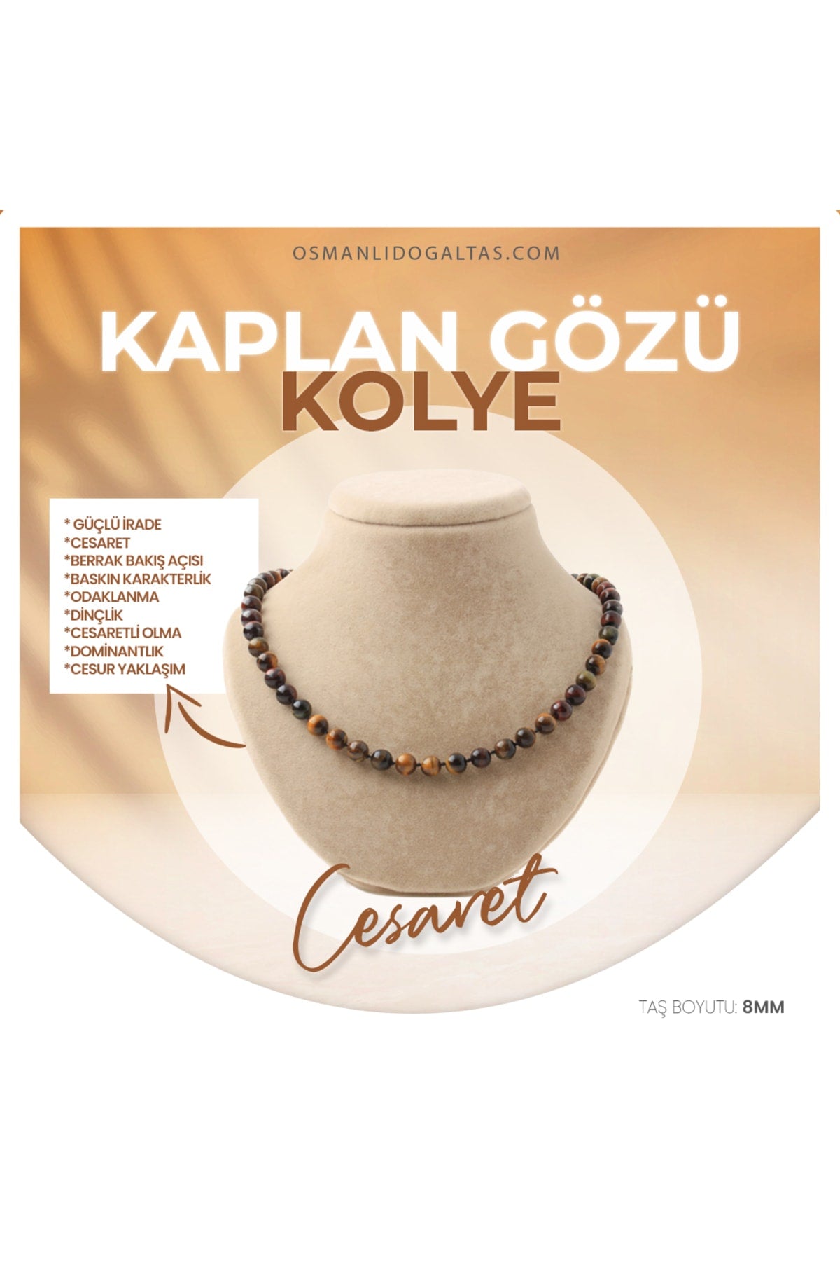 Sertifikalı Kaplan Gözü Doğaltaş Kolye 8 Mm, M525