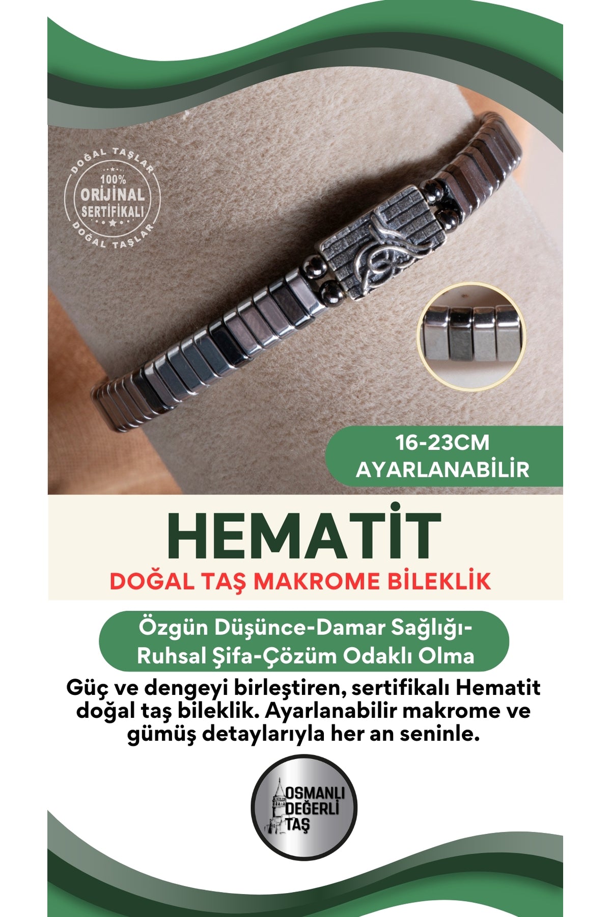 SERTİFİKALI Hematit Doğal Taş Makrome Ayarlanabilir Gümüş Bileklik No:1