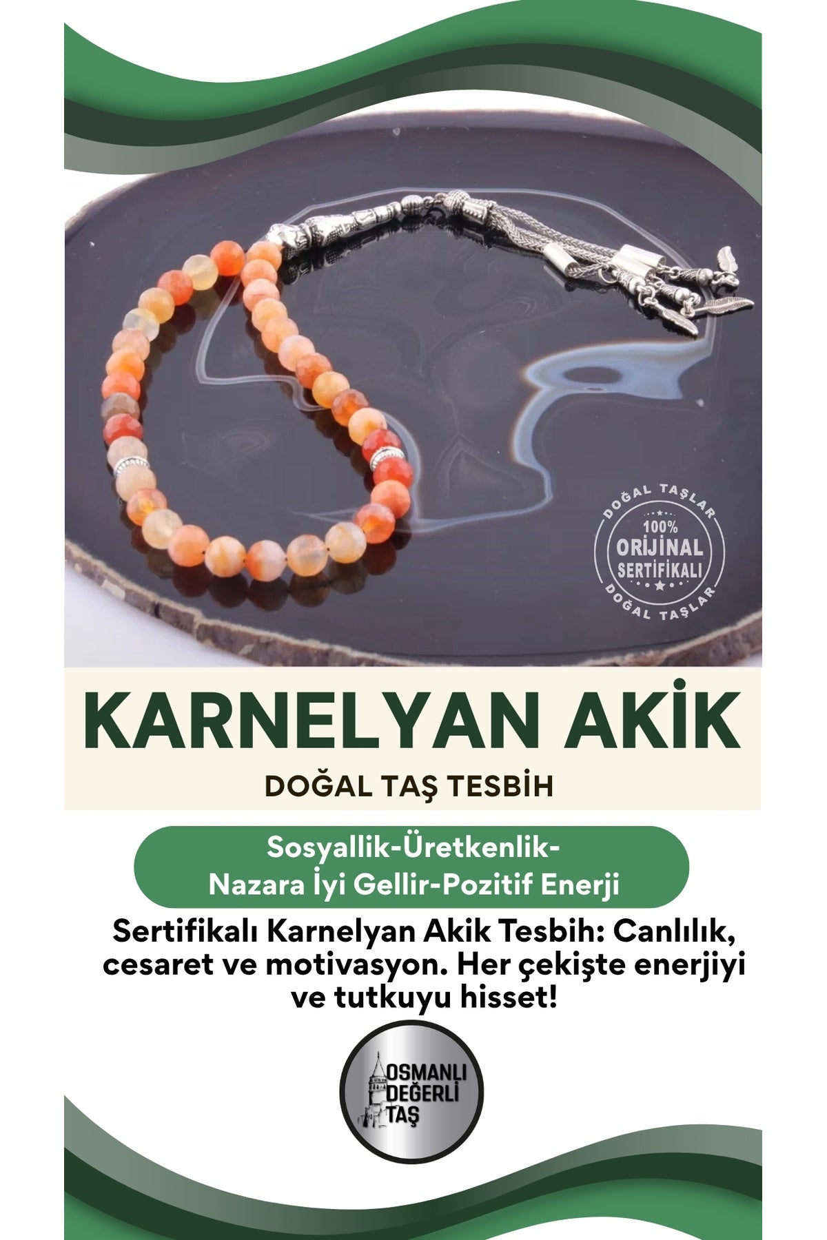 Sertifikalı Karnelyan Akik Doğal Taş Tesbih ( 6 mm taş boyutu ) T167