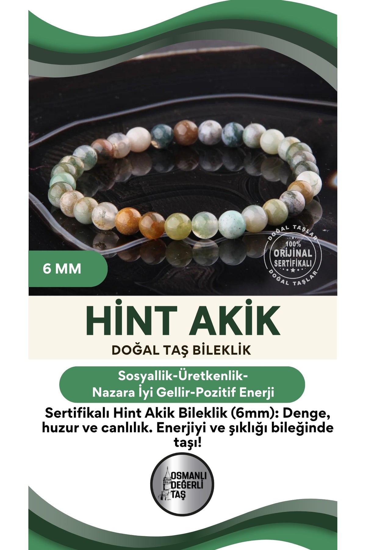 Sertifikalı Hint Akik Doğal Taş Bileklik - 6 Mm B769 (MODEL 2)