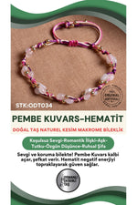 Sertifikalı Pembe Kuvars-Hematit Doğal Taş Makrome Bileklik ODT034
