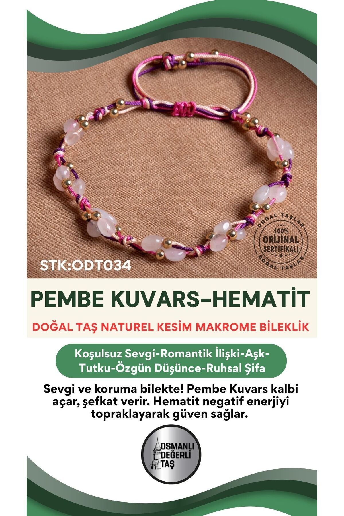 Sertifikalı Pembe Kuvars-Hematit Doğal Taş Makrome Bileklik ODT034