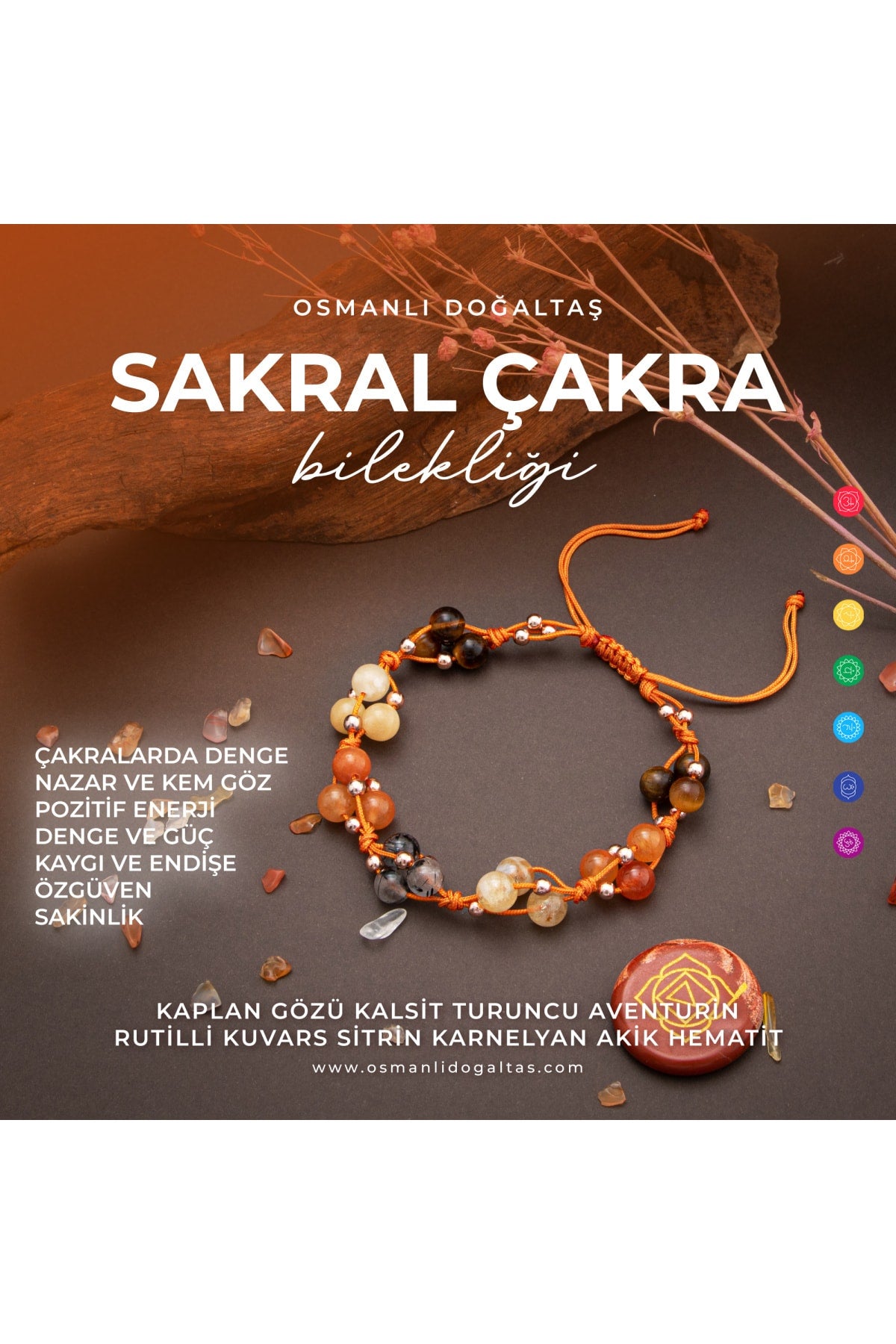 Sertifikalı Sakral Çakra Bölgesi Karnelyan Akik, Sitrin, Kaplan Gözü Doğal Taşlı Makrome Bileklik