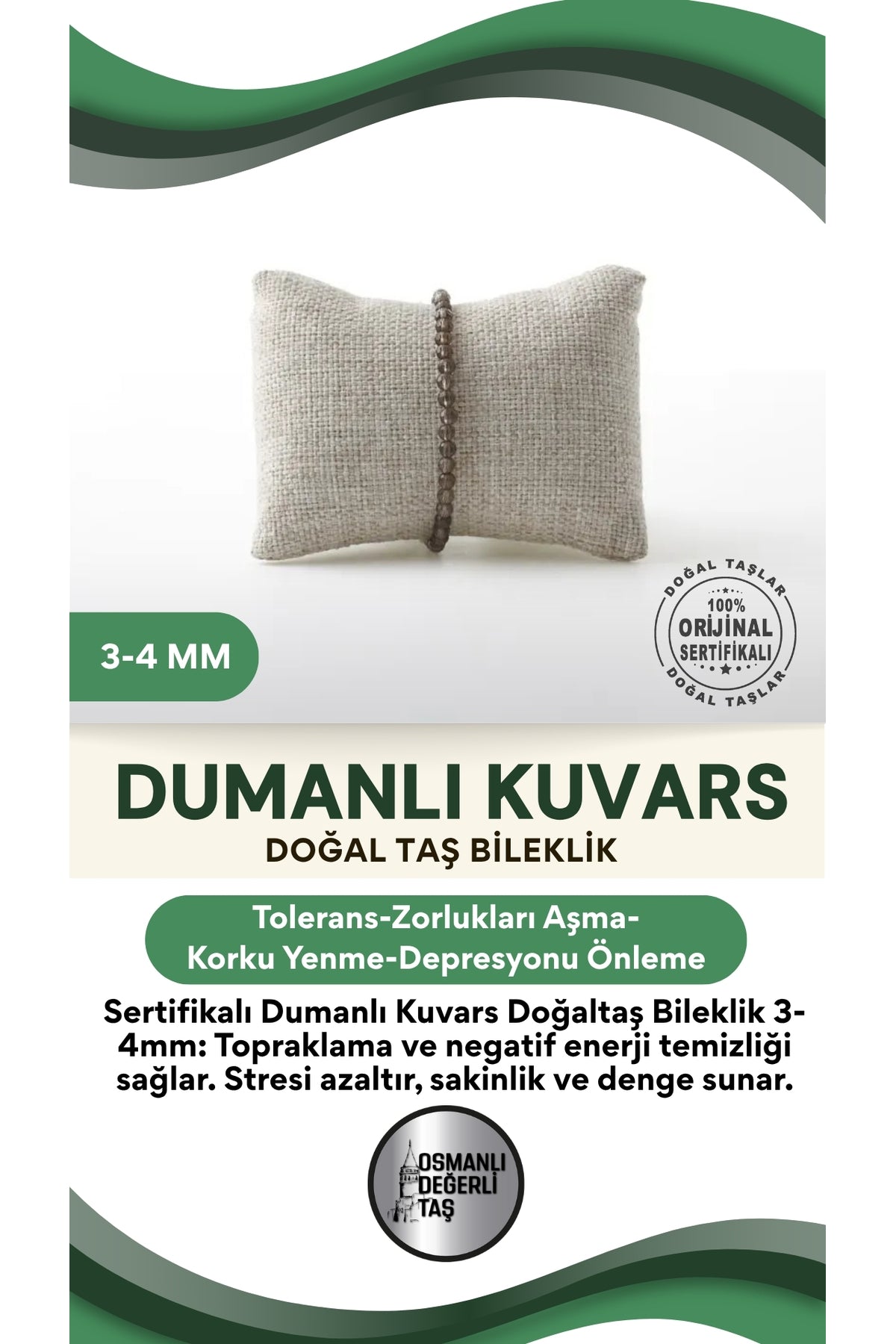 Sertifikalı Dumanlı Kuvars Doğaltaş Bileklik 3-4 Mm, B975