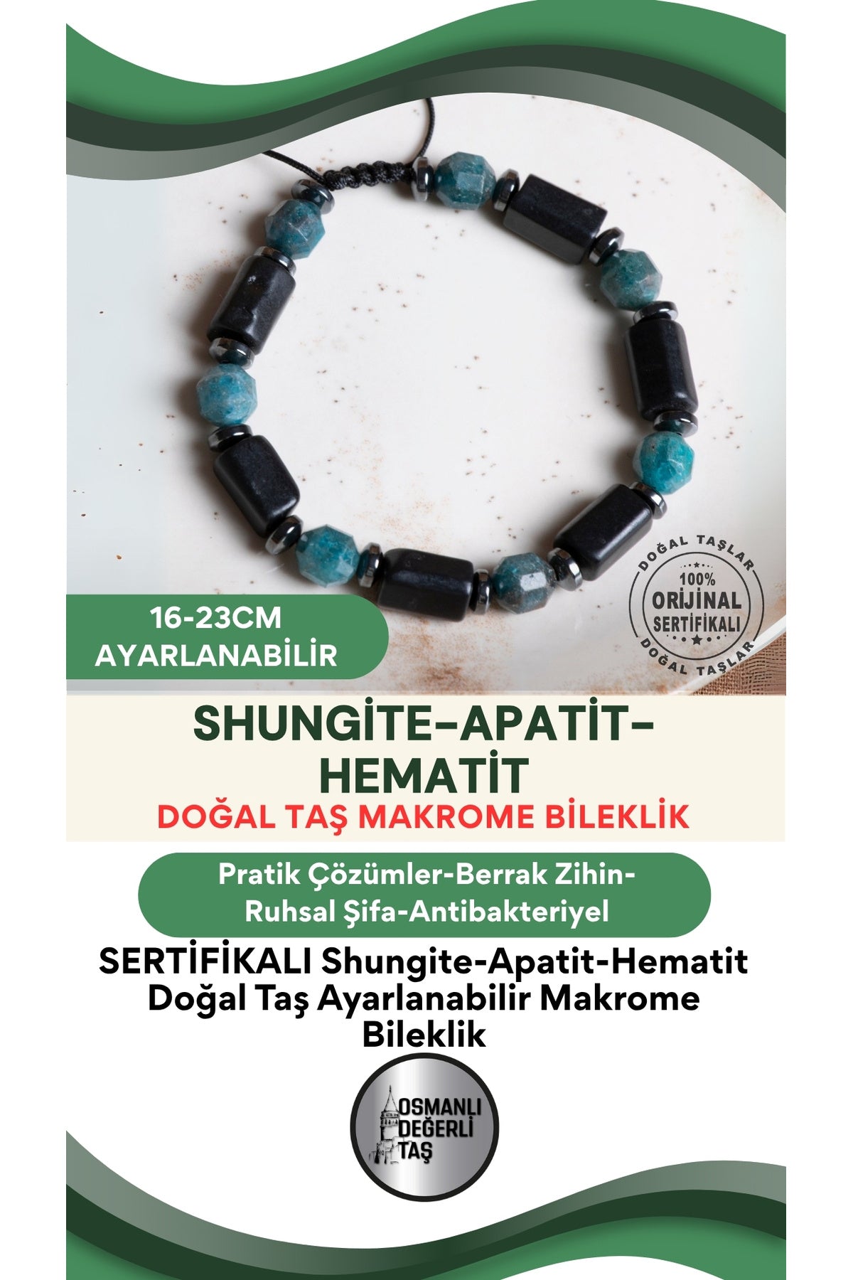 SERTİFİKALI Shungite-Apatit-Hematit Doğal Taş Ayarlanabilir Makrome Bileklik