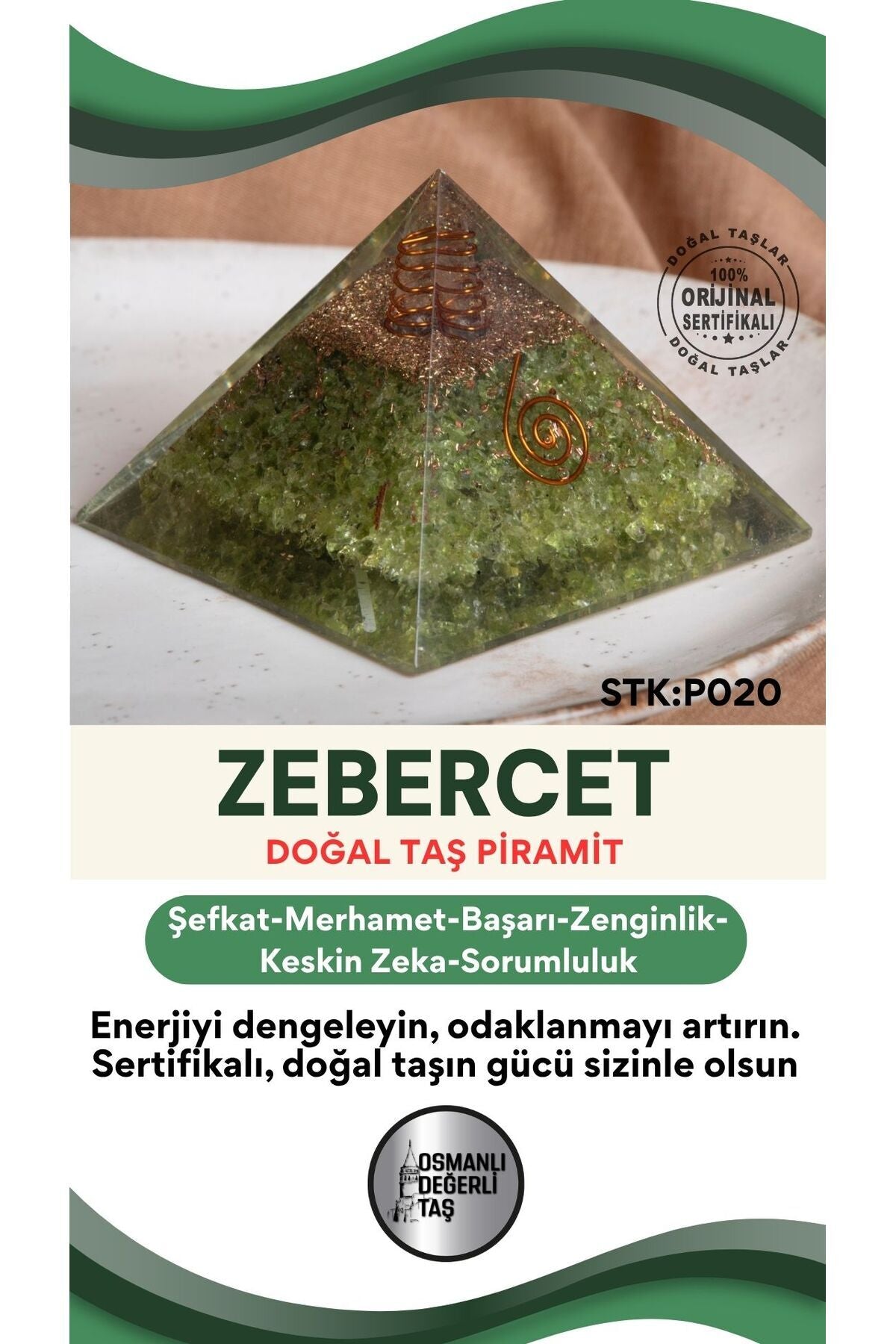 Sertifikalı Zebercet Doğal Taş Piramit No:2 P020