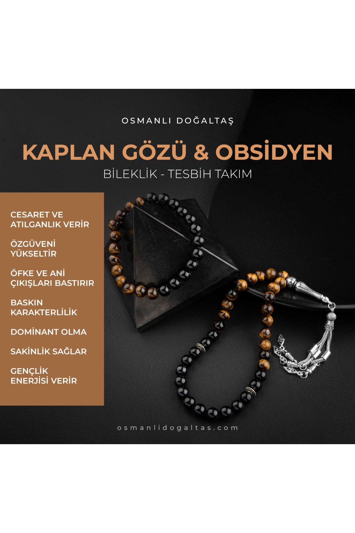 Sertifikalı Kaplan Gözü, Obsidyen Doğal Taşlı 33'lük Tesbih Ve Bileklik Takım