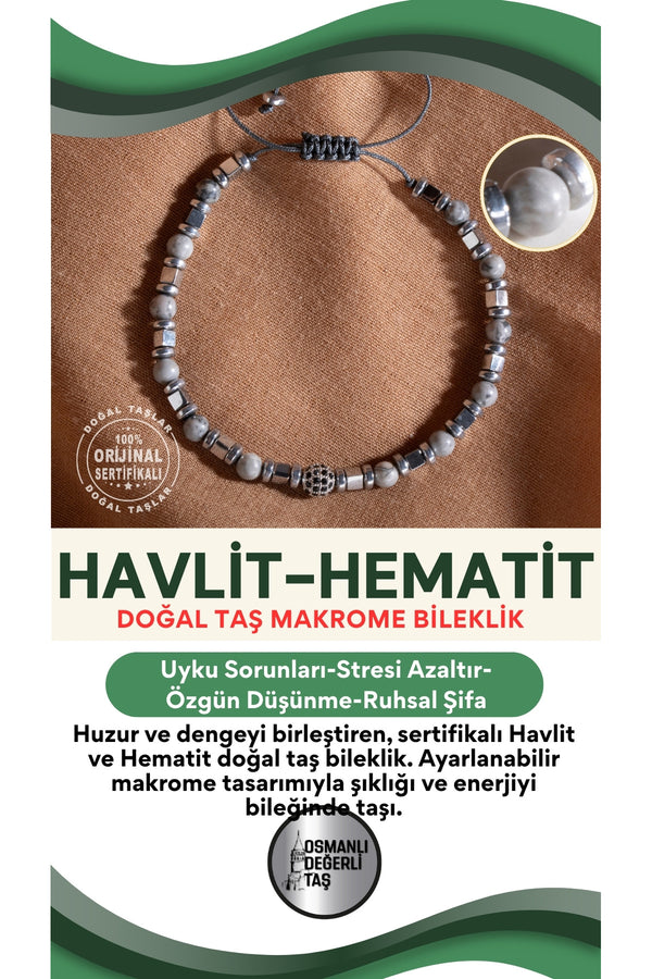 SERTİFİKALI Havlit-Hematit Doğal Taş Makrome Ayarlanabilir Bileklik