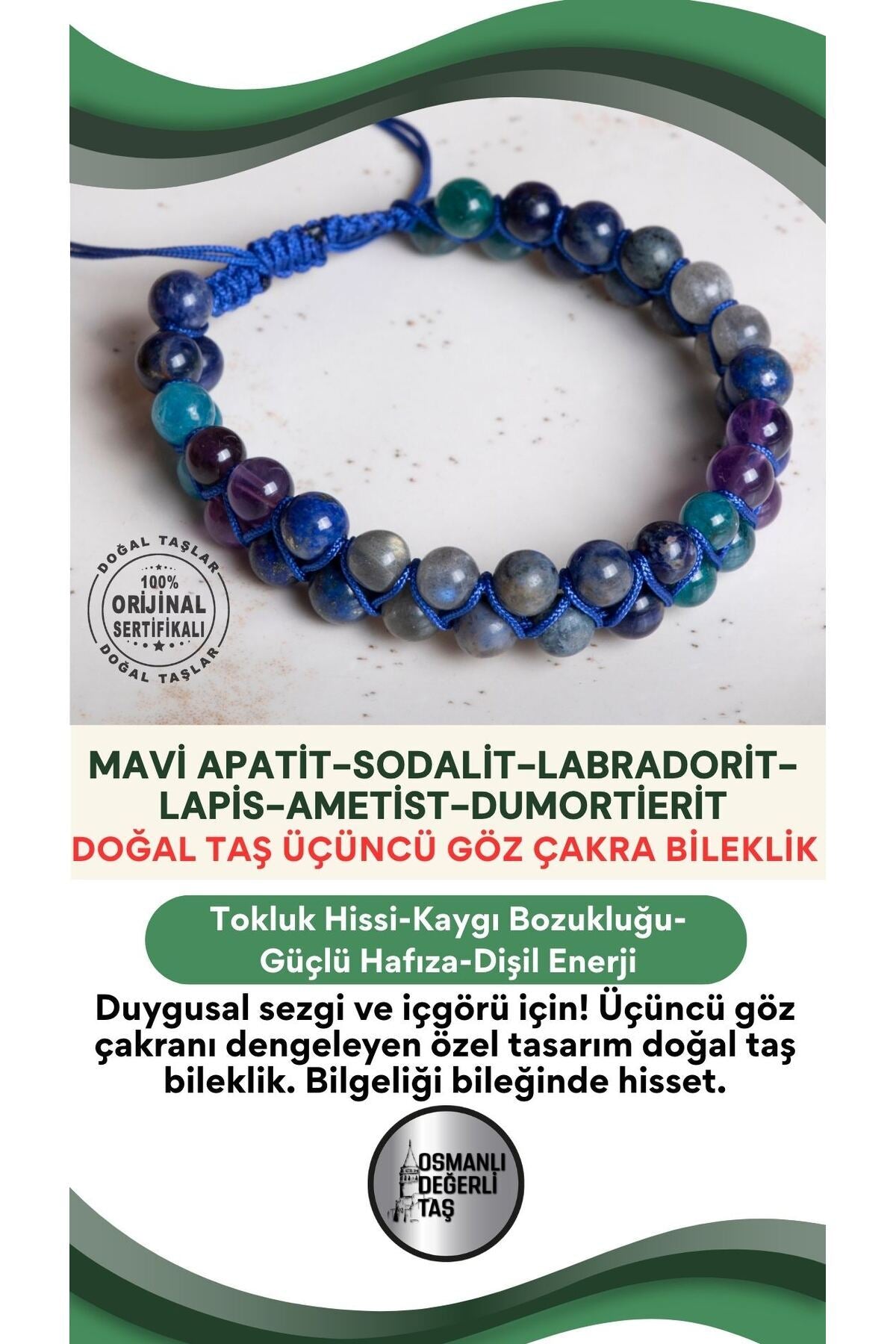 SERTİFİKALI Üçüncü Göz Çakrası Doğal Taş Makrome Ayarlanabilir Bileklik