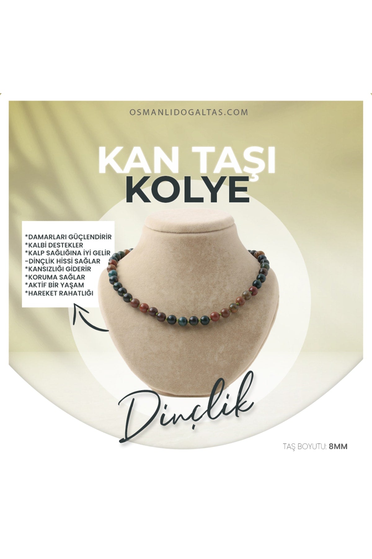 Sertifikalı Kan Taşı Doğaltaş Kolye 8 Mm, M524