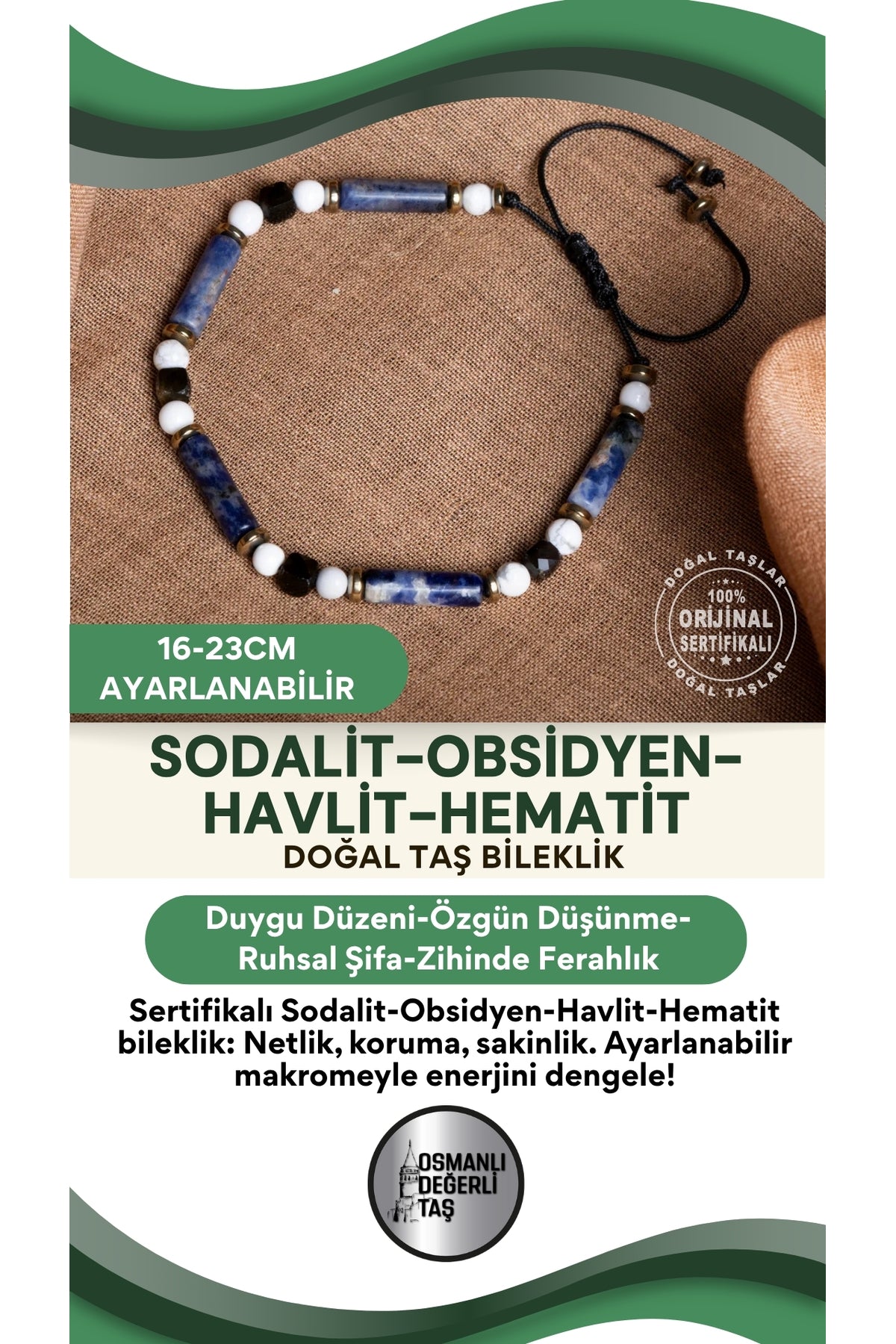 SERTİFİKALI Sodalit Obsidyen Havlit Hematit Doğal Taş Makrome Ayarlanabilir bileklik