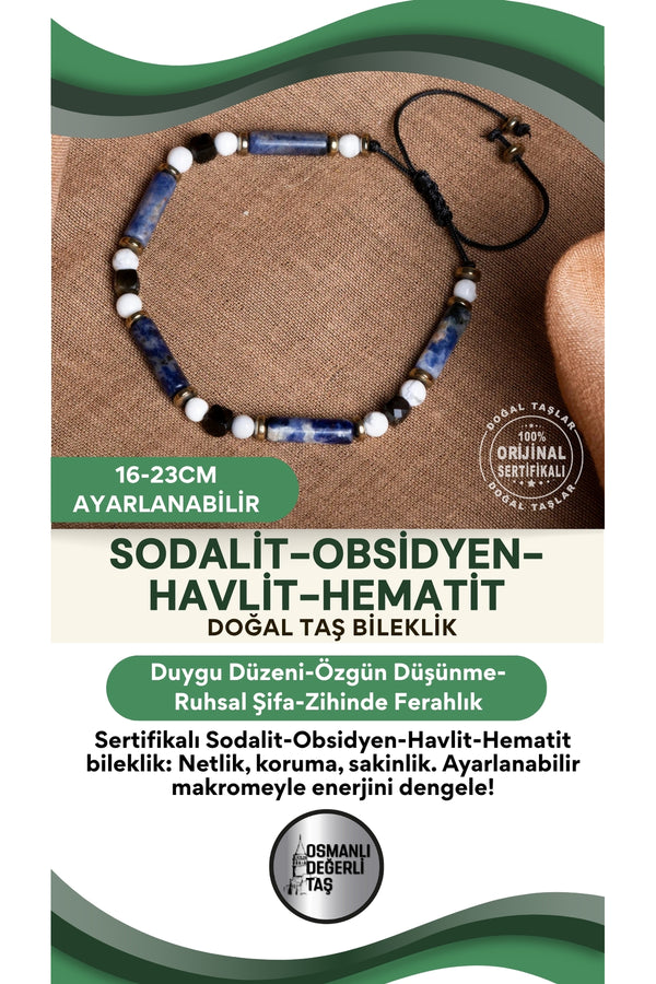 SERTİFİKALI Sodalit Obsidyen Havlit Hematit Doğal Taş Makrome Ayarlanabilir bileklik