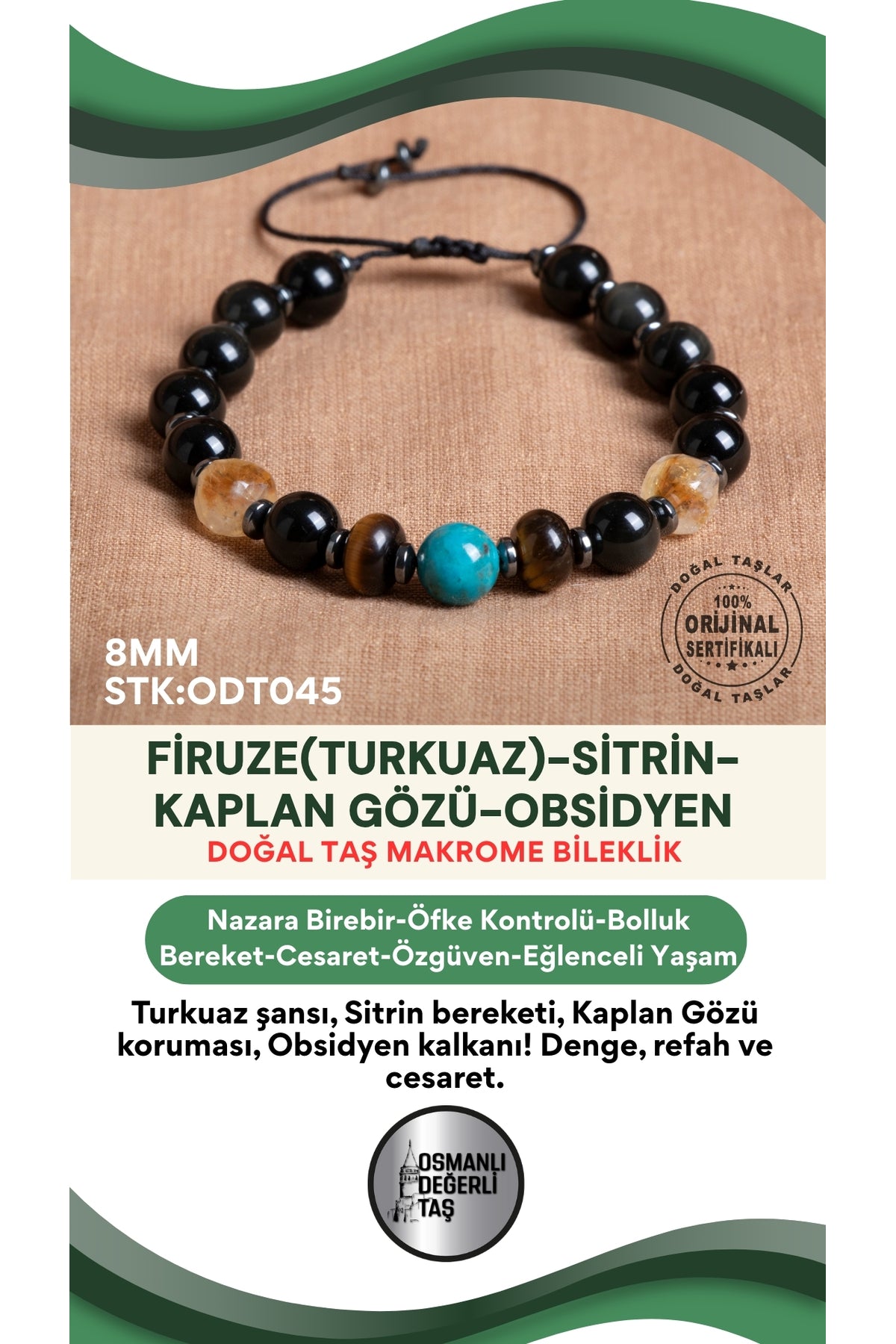 Sertifikalı Firuze(Turkuaz)-Sitrin-Kaplan Gözü-Obsidyen Doğal Taş Makrome Bileklik ODT045