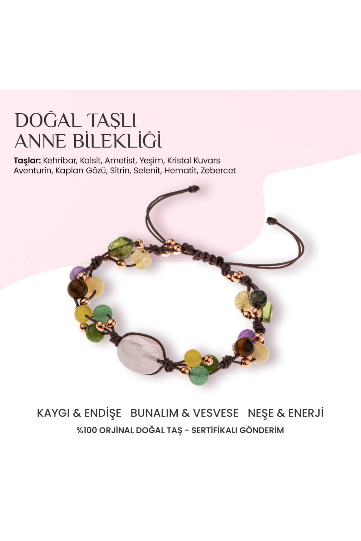 Doğal Taşlı Anne Bilekliği Kehribar, Ametist, Yeşim, Sitrin, Aventurin, Zebercet, Kristal Kuvars