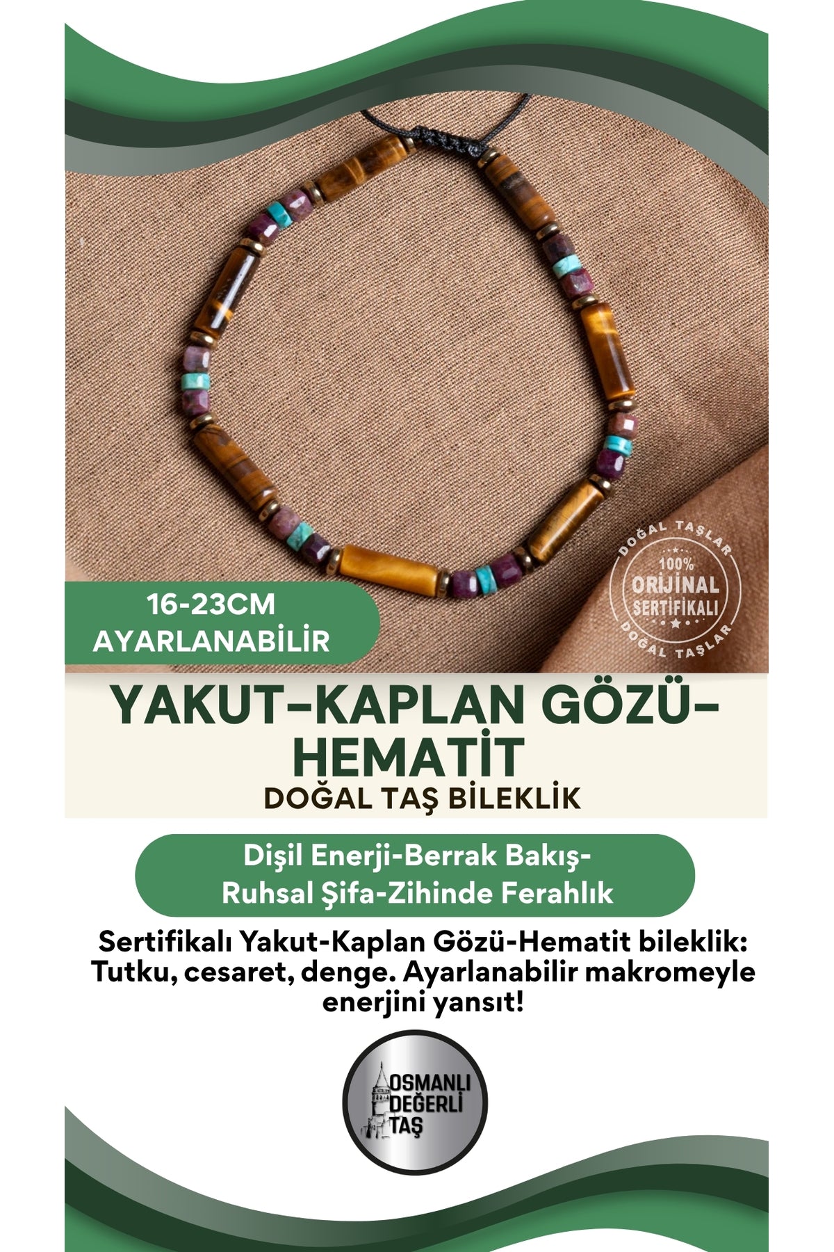 SERTİFİKALI Yakut Kaplan Gözü Hematit Doğal Taş Makrome Ayarlanabilir Bileklik