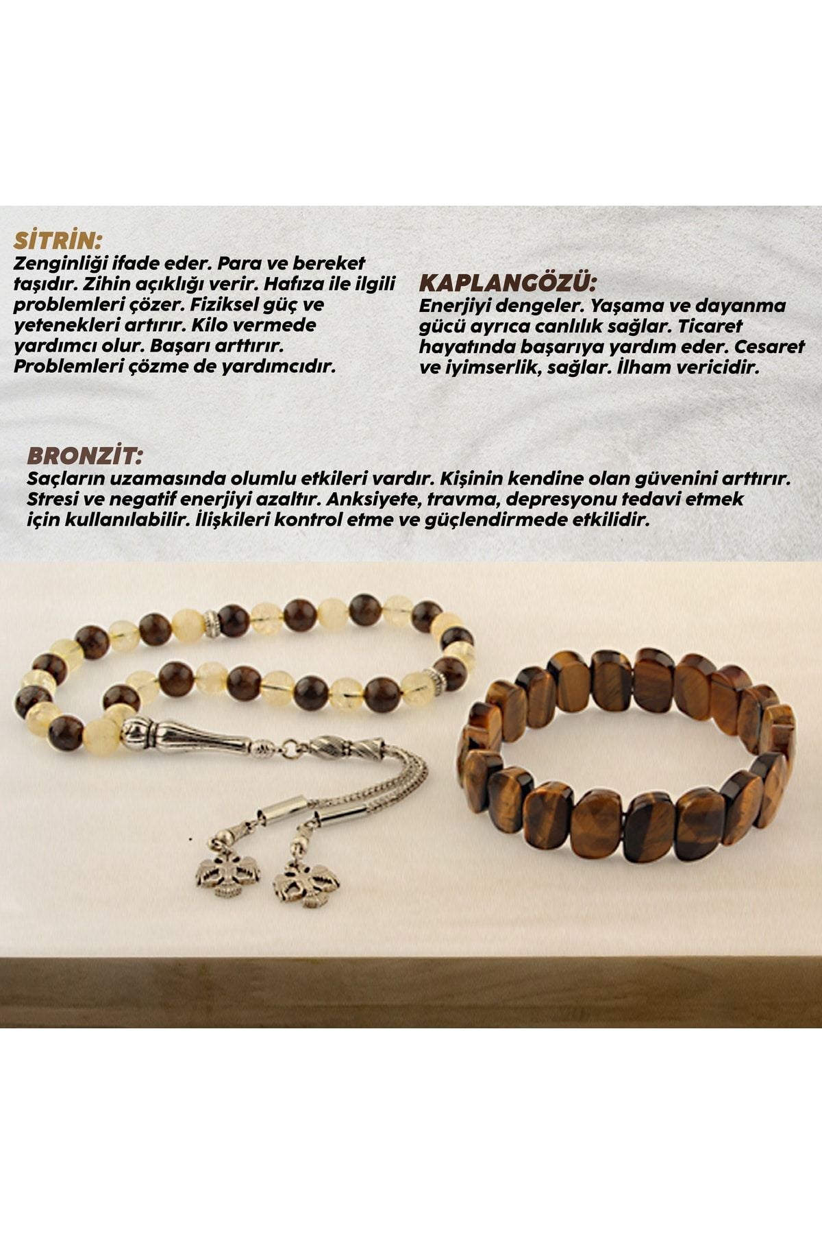 Sertifikalı Kaplan Gözü Sitrin Bronzit Doğal Taş Roleks Bileklik Ve Tesbih Takım Ts032