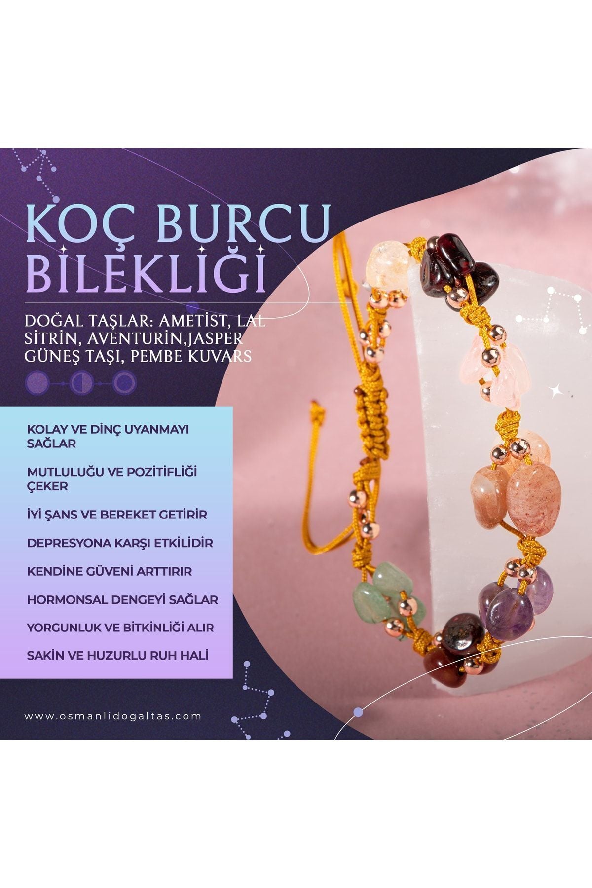 Koç Burcu Doğal Taş Natürel Makrome Bileklik