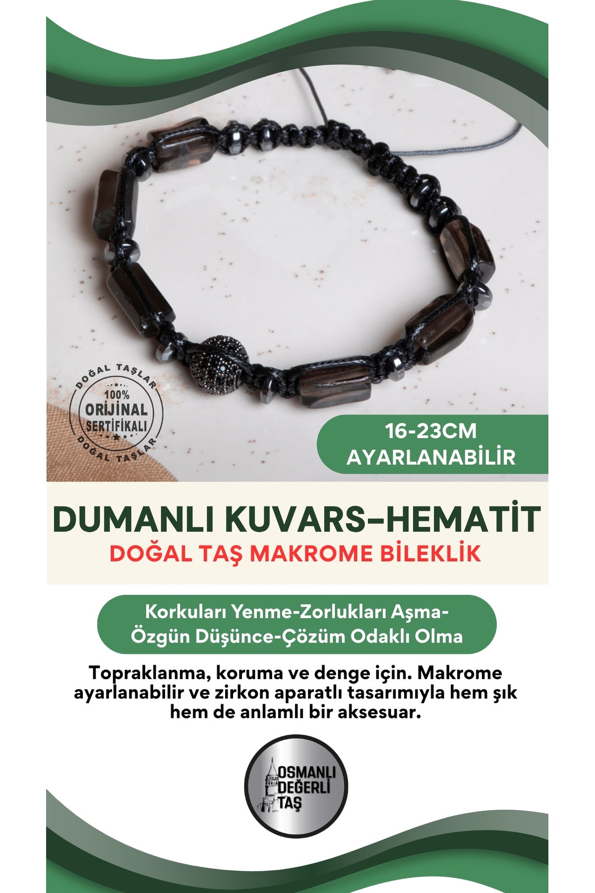 SERTİFİKALI Dumanlı Kuvars-Hematit Doğal Taş Makrome Ayarlanabilir Zirkon Aparatlı Bileklik