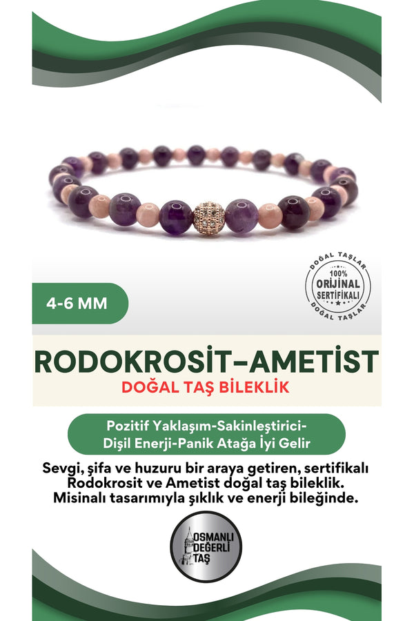 Sertifikalı Hakiki Orijinal Rodokrosit Ametist Doğal Taş Misinalı Bileklik 4mm 6mm