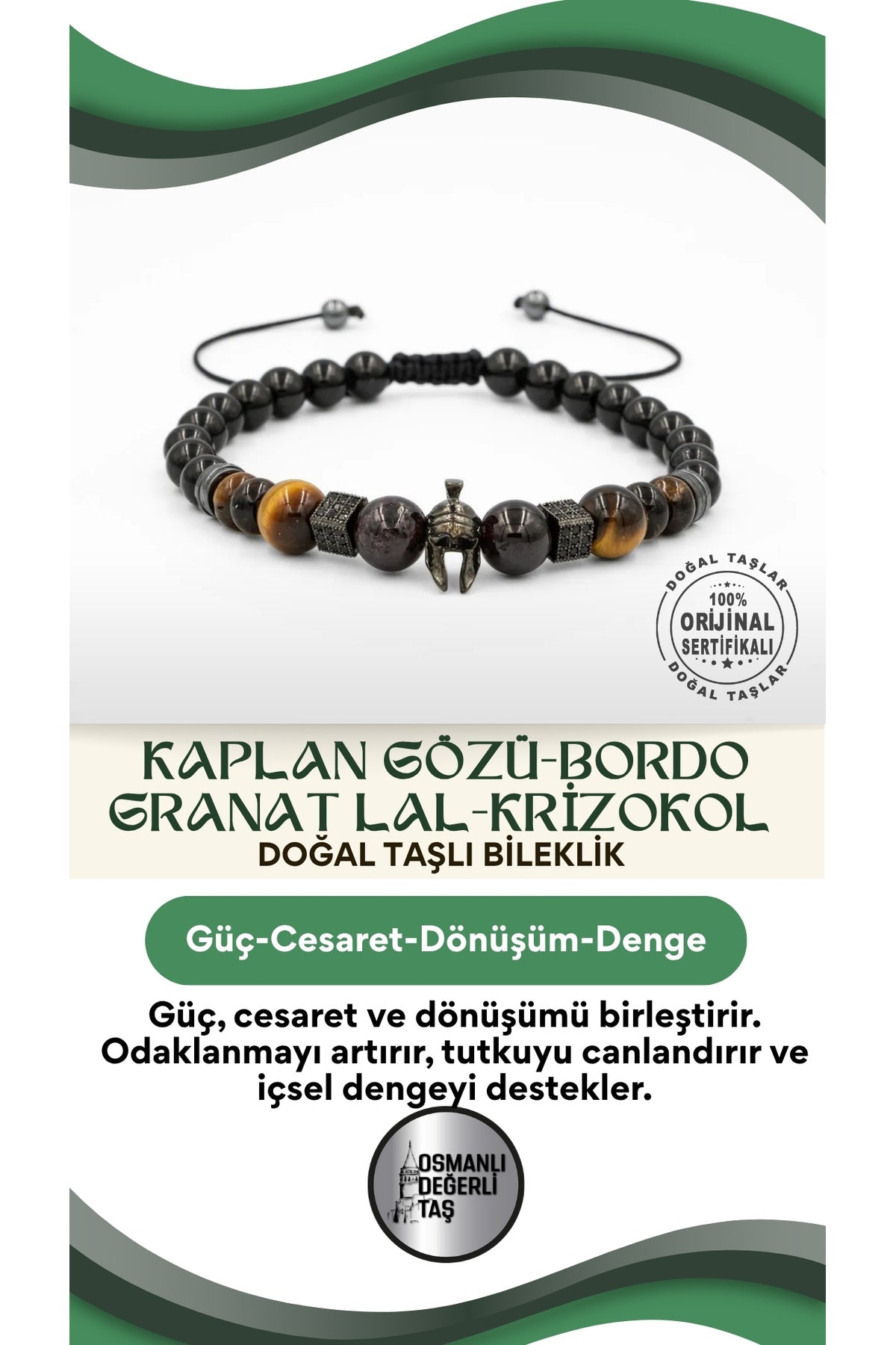 Kaplan Gözü-bordo Granat Lal-krizokol Doğal Taş Erkek Zirkon Bileklik