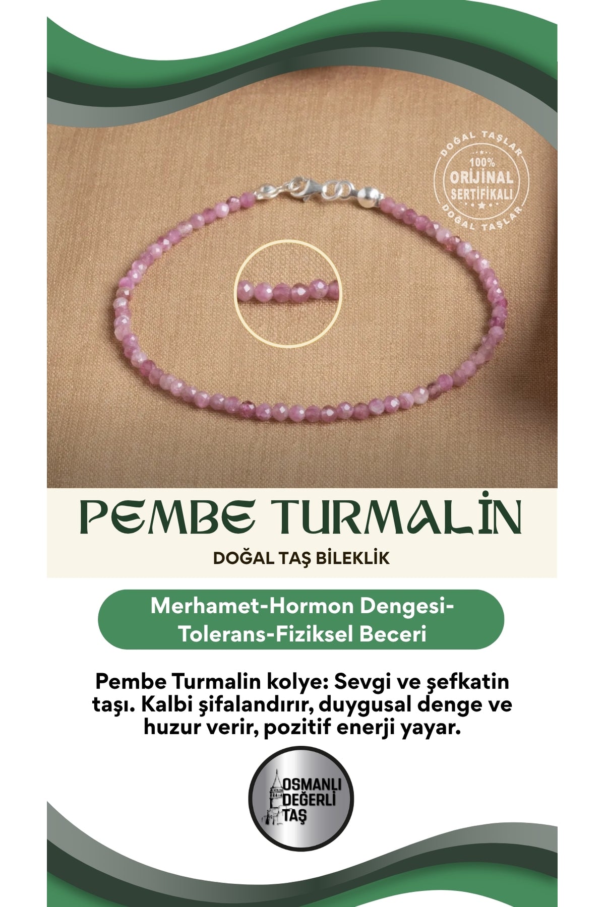 Sertifikalı Pembe Turmalin Doğal Taş Bileklik