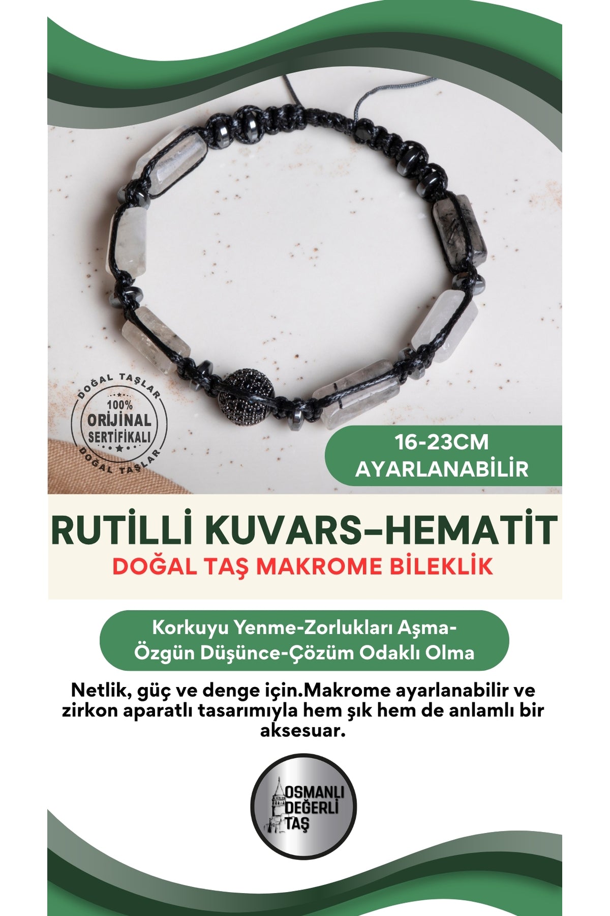 SERTİFİKALI Rutilli Kuvars-Hematit Doğal Taş Makrome Ayarlanabilir Zirkon Aparatlı Bileklik