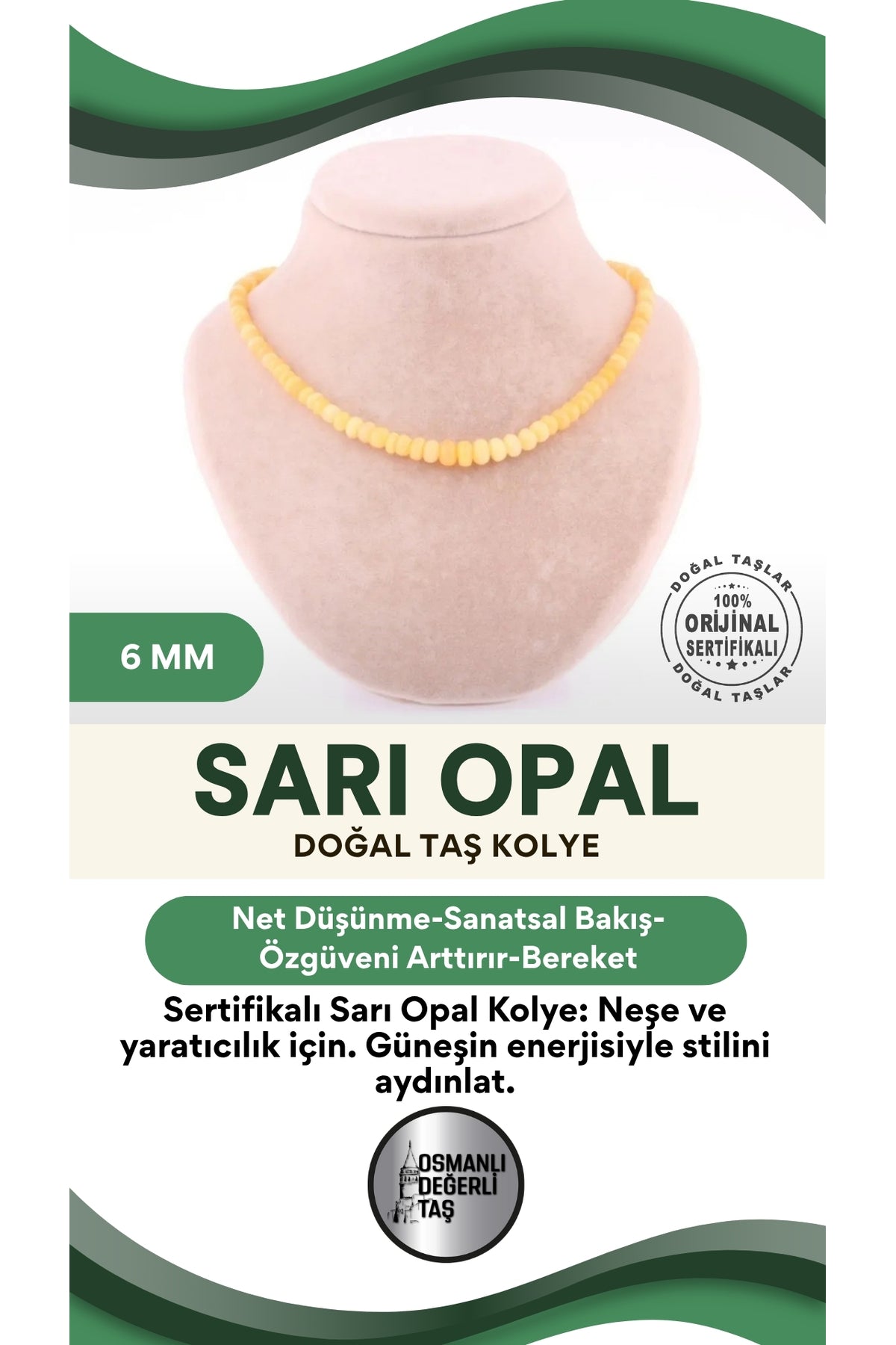 Sertifikalı Sarı Opal Doğal Taş Kolye - M356
