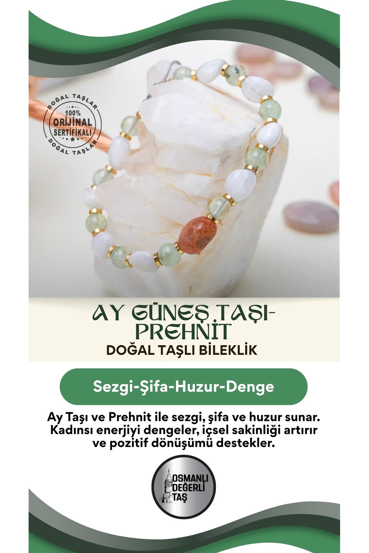 Doğal Taş Kadın Bileklik Ay Güneş Taşı Prehnit