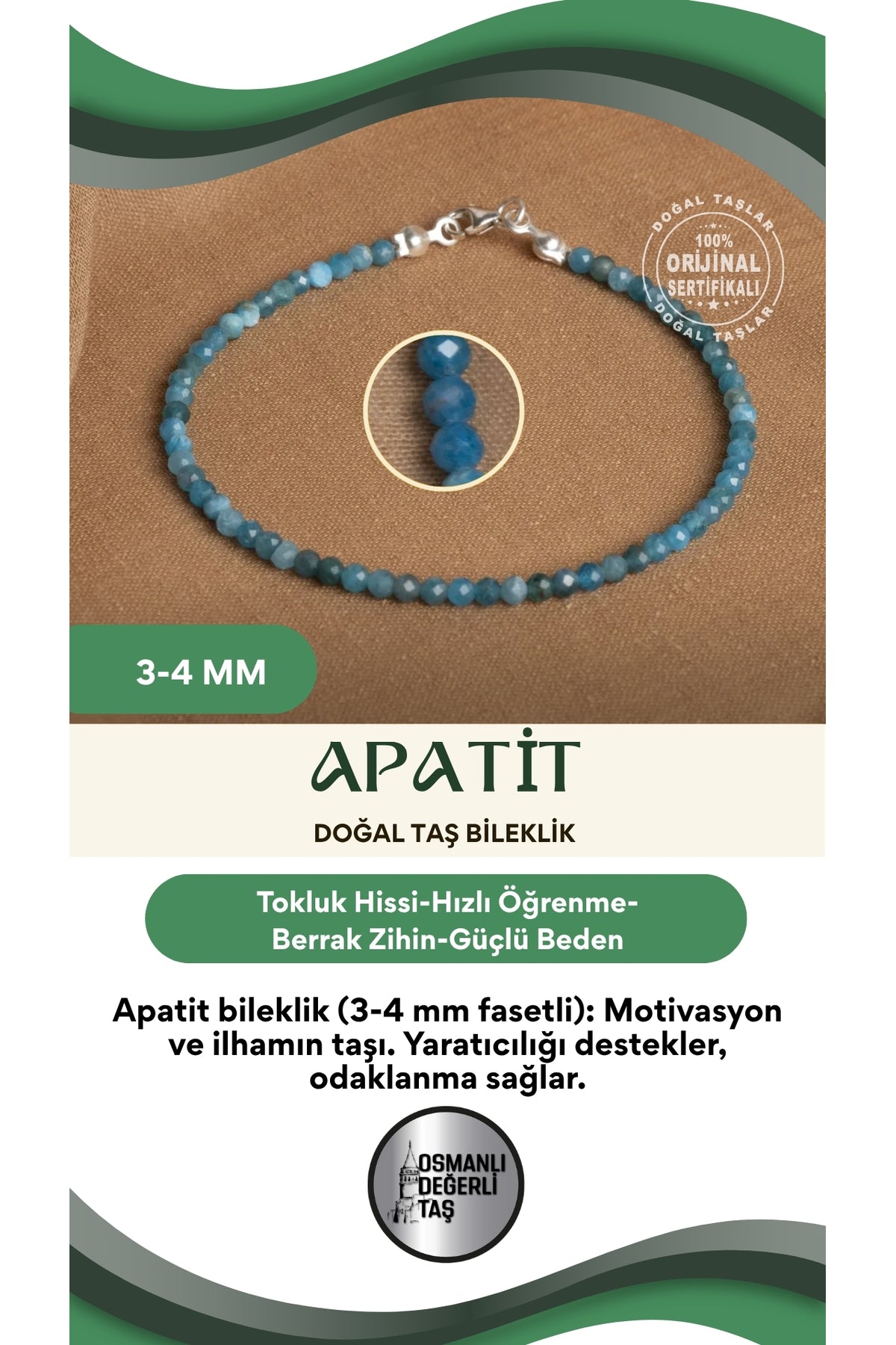 Sertifikalı Apatit 3-4 mm Fasetli Kesim Doğal Taş Bileklik