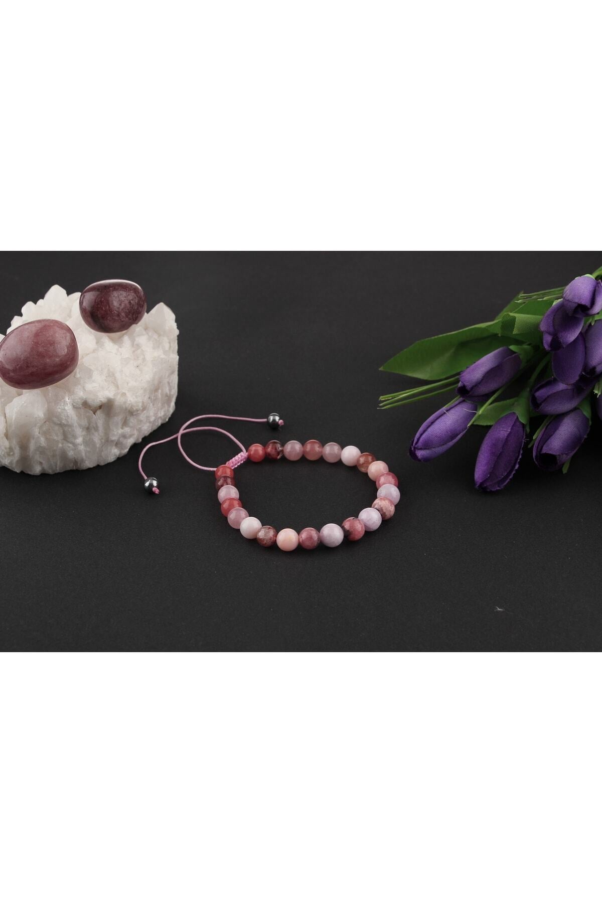 Pembe Kuvars, Pembe Opal, Altın Rutilli Kuvars, Hakiki Yemen Akiği, Rodokrozit, Kunzit Bileklik B905