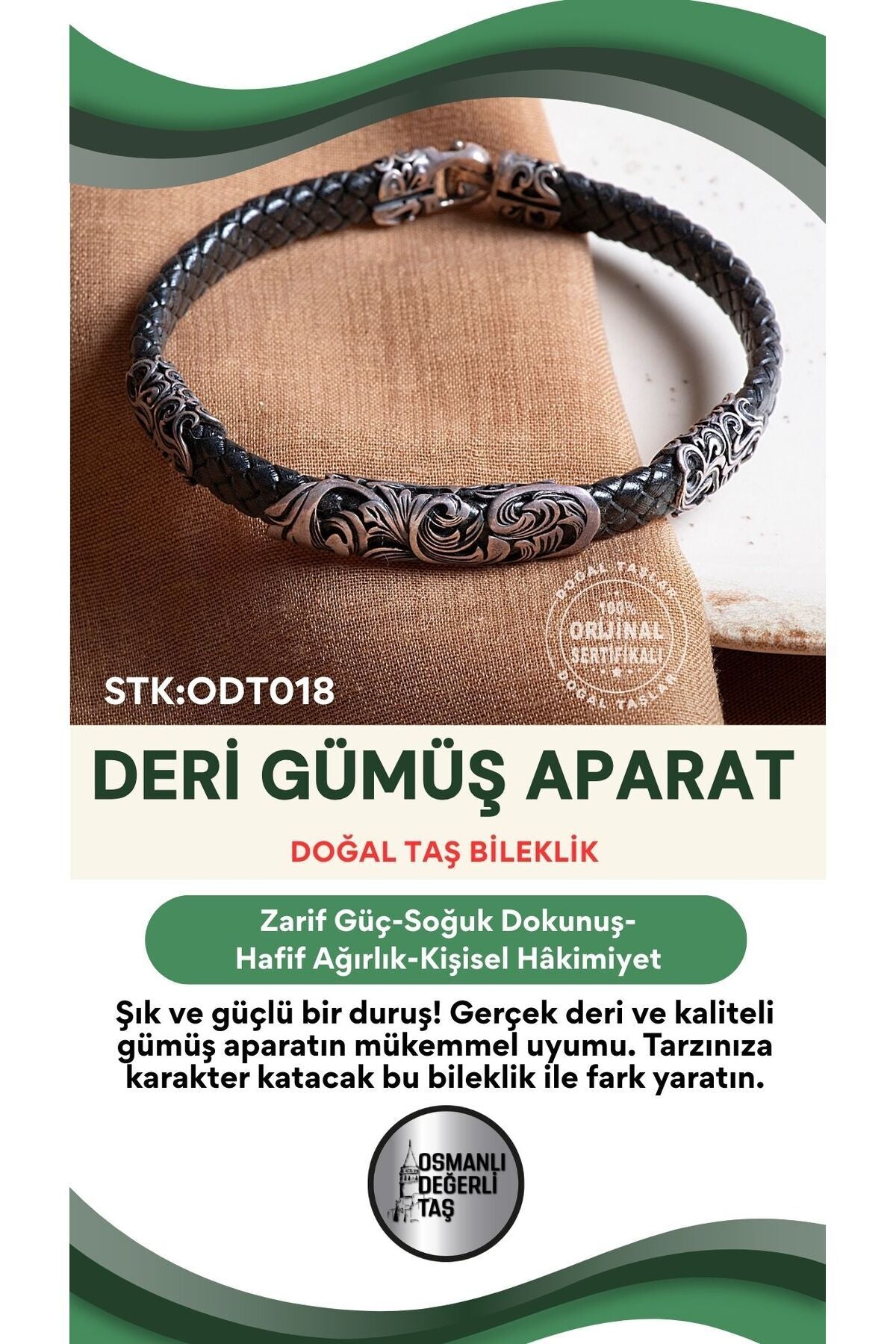 Sertifikalı Deri Gümüş Aparatlı Doğal Taş Bileklik ODT018